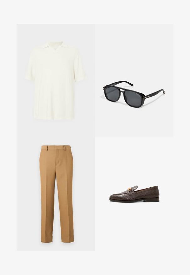 Poloko s krátkým rukávem, světle krémové barvy, vyrobené z texturované tkaniny, s v-výstřihem a klasickým límečkem.; Beige kalhoty z tkané látky, s rovnými nohavicemi, plochým předním dílem a poutky na opasek. Hladký povrch bez viditelných vzorů.; Tmavě hnědý mokasín z kůže s krokodýlím vzorem, se zlatou kovovou přezkou a nízkým pokládaným podpatkem, boční pohled na bílém pozadí.; Černé sluneční brýle ve čtvercovém tvaru se šedými skly, které mají elegantní zlaté detaily na nožkách a matný rámeček pro moderní vzhled.