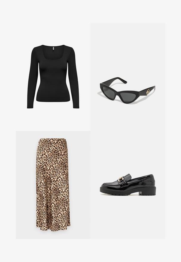 Must musta-särg, millel on ruudukujuline kaelus. Valmistatud siledast, venivast kangast. Kehasse liibuv disain, mis kitseneb taljes. Õmblusteta õlavarred.; Leopardimustriga pikk seelik, mis on valmistatud sileda kangaga. Tannivärvi alus mustade ja pruunide laikudega. Laienev disain sirge servaga.; Mustad nahast loafers madala blokknäuga, millel on silmatorkav kuldse tooni pandla ja tekstuuriga, soonikuga välistald.; Kassionkoodiga päikeseprillid, millel on mati must plastraam, tumedad objektiivid ja kuldne logo aksent templis. Nurgaeline disain ja sile tekstuur.