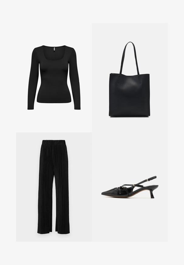 Svart langermet topp med firkantet utringning. Laget av glatt, elastisk stoff. Tett design som smalner inn ved midjen. Sømløse skuldre.; Sorte plisserte bukser med elastisk midje. Har vide ben og et glatt, strukturert stoff med vertikale striper.; Call it Spring REGINNA B.E.D FOAM - Klassiske pumps - black; Svart lær tote bag med glatt tekstur, rektangulær form og to lange håndtak. Ingen synlige deler eller dekorasjoner.; Sølv hjerteformede øredobber har fasetterte klare steiner med en teksturert ramme. Sett inkluderer både stud- og hengende stiler.