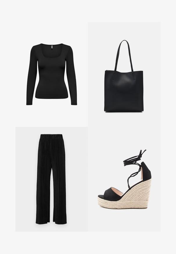 Haut noir à manches longues avec un décolleté carré. Fabriqué en tissu lisse et extensible. Design ajusté, resserré à la taille. Épaules sans couture.; Pantalons plissés noirs avec une taille élastique. Présente des jambes larges et un tissu lisse texturé avec des rayures verticales.; Sandales à talons compensés en suède noir avec une plateforme en jute tissé, dotées de brides croisées à la cheville et d'un design à bout ouvert.; Sac fourre-tout en cuir noir avec une texture lisse, de forme rectangulaire et deux longues poignées. Pas de matériel ou d'ornementations visibles.