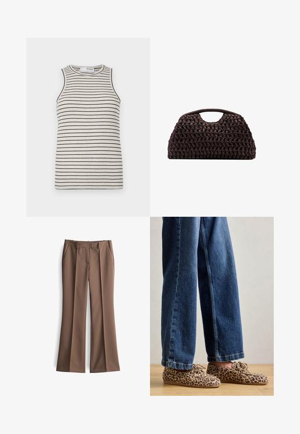 Sleeveless, ribbed top in cream with thin black stripes. Features a round neckline and a fitted silhouette. No embellishments or hardware.; Brown flared trousers made of structured fabric, featuring front pleats, two side pockets, and a standard waistband, creating a tailored look.; Leopard print loafers made of suede, featuring a rounded toe, lace-up design, and flat, flexible soles, paired with blue denim jeans.; Woven brown handbag with a rounded silhouette, featuring a top handle and textured surface. Compact design with a flat base for stability.