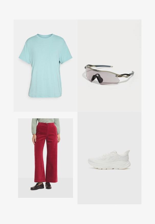 T-shirt à col rond bleu clair, à manches courtes, coupe décontractée, fabriqué à partir d'un tissu doux avec une texture lisse et sans motifs ni accents visibles.; Pantalons en velours côtelé rouge à jambes larges avec une texture lisse, dotés d'une fermeture à bouton sur le devant et d'une taille haute. Associés à des mocassins noirs.; Chaussure de course blanche avec une tige en maille texturée, un col rembourré, une semelle intermédiaire épaisse et une semelle extérieure en caoutchouc. Présente un détail de logo sur le côté.; Lunettes de soleil avec une monture grise translucide, des verres teintés et un design angulaire. Elles présentent une pièce nasale distinctive et des branches de temple texturées en gris foncé.