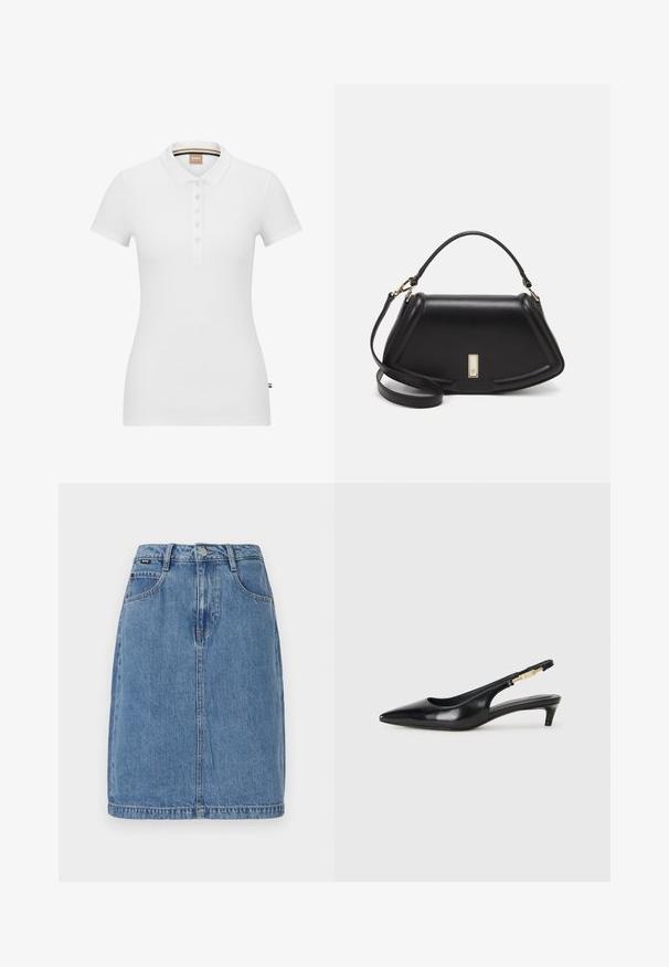 White polo shirt made of cotton, featuring short sleeves, a collar, and a button placket. Subtle brand logo stitched on the chest.; Denim skirt in light blue with a straight cut, featuring five pockets, belt loops, and a front button closure, with visible stitching details.; Black leather slingback heels with a pointed toe, featuring a slim heel and a gold-tone accent on the adjustable strap. Smooth texture.; Black leather handbag with a structured design, featuring a cropped shape, top handle, and gold hardware accent. Adjustable shoulder strap included.
