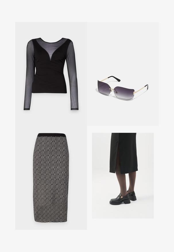 ONLY ONLBECKI BODYTOP - Top dugih rukava - black; Suknja od olovke s crnom i bijelom šarenom uzorkom, izrađena od teksturiranog materijala, s rebrastim pojasom i geometrijskim dizajnom kroz cijelu suknju.; Crne kožne cipele s zaobljenim vrhom, debelim blok petama i elastičnim bočnim detaljima, uparene s tamnim čarapama i crnom suknjom s prorezom.; Naočale sivi gradijent leća, zlatni metalni okvir i crni plastični naglasci. Jedinstvene leće u obliku leptira s tankim drškama.