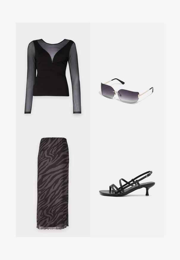 ONLY ONLBECKI BODYTOP - Hosszú ujjú felső - black; Könnyű anyagból készült maxi szoknya, fekete és szürke zebra mintával, rugalmas derékkal és hullámos szegéllyel.; Fekete magassarkú szandálok több keresztben átkötött pánttal. Simább anyag, hegyes orr és keskeny sarok. Állítható bokapánt kapcsos rögzítéssel.; Szürke átmenetes lencséjű napszemüveg, aranyszínű fémkeret és fekete műanyag elemek. Egyedi pillangó alakú lencsék vékony szárakkal.; Arany fülbevalók sima, fényes felülettel. Kör alakú dizájn, amely kis kapoccsal és átlátszó tartozékkal rendelkezik a biztonságos viselés érdekében.