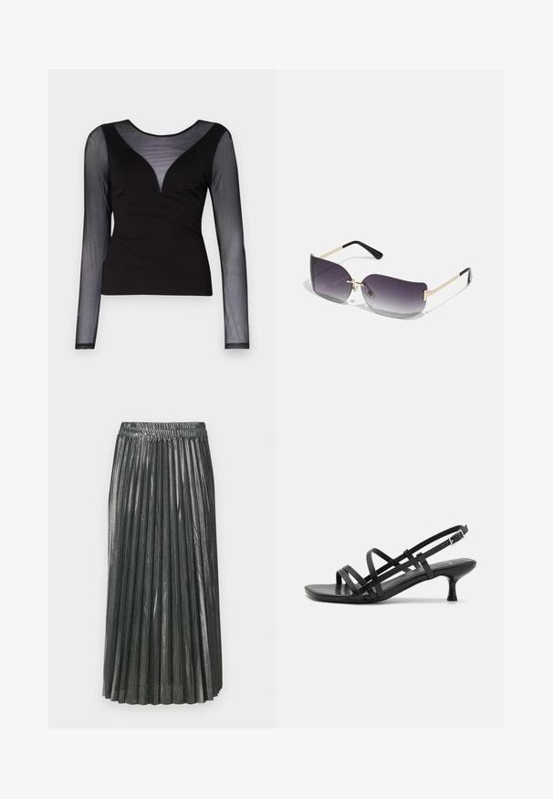 ONLY ONLBECKI BODYTOP - T-shirt à manches longues - black; Jupe plissée vert métallique avec une taille élastique. Présente des plis verticaux étroits et un design mi-long, créant une silhouette structurée.; Sandales à talons noirs avec plusieurs brides entrecroisées. Matériau lisse, bout pointu et talon étroit. Bride de cheville ajustable avec boucle.; Lunettes de soleil avec une lentille dégradée grise, une monture en métal doré et des accents en plastique noir. Lentilles uniques en forme de papillon avec des branches fines.; Boucles d'oreilles en or avec une finition lisse et brillante. Design circulaire présentant un petit clou et une attache transparente pour un port sécurisé.