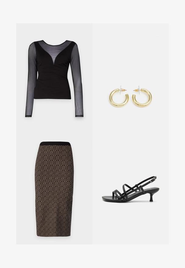 ONLY ONLBECKI BODYTOP - Top s dlhým rukávom - black; Pletená ceruzková sukňa v čiernej a pieskovej farbe s geometrickým vzorom. Obsahuje rebrovaný pás a priliehavý strih.; Čierne sandále na podpätku s viacerými prekríženými remienkami. Hladký materiál, špicatá špička a úzky podpätok. Nastaviteľný remienok okolo členka s prackou.; Zlaté kruhové náušnice s hladkým, lesklým povrchom. Cirkulárny dizajn s malým steblom a jasným záznamom pre bezpečné nosenie.