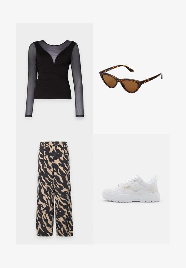 ONLY ONLBECKI BODYTOP - Top s dlouhým rukávem - black; ONLY ONLNOVA LIFE ELITE LESLI PANT - Kalhoty - black; Bílé tenisky se silným designem, vyrobené z kože a syntetických materiálů, s texturovanými detaily, tkaničkami a výrazným zlatým logem.; Sluneční brýle ve stylu kočičích očí s černo-oranžovým želvovinovým rámem, hnědými skly a elegantními, špičatými konci. Obsahují minimalistické logo na straně.; Zlaté kruhové náušnice s hladkým, lesklým povrchem. Kruhový design s malým kolíčkem a průhledným záznamem pro bezpečné nošení.