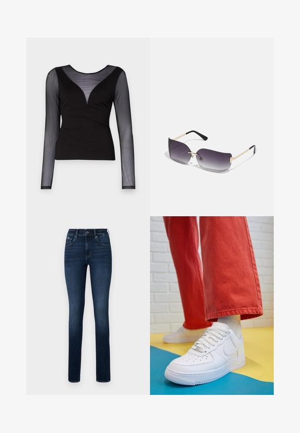 ONLY ONLBECKI BODYTOP - Camiseta de manga larga - black; Pantalones vaqueros azul oscuro de denim, con corte recto, diseño de cinco bolsillos y un botón en la cintura.; Zapatilla de cuero blanco con caja de dedos perforada, suela texturizada y cordones blancos, combinada con pantalones rojos amplios y un fondo azul y amarillo.; Gafas de sol con lentes de graduación gris, montura metálica dorada y acentos de plástico negro. Lentes con una forma de mariposa única y varillas delgadas.; Bolso de mano de cuero negro con una solapa y un detalle de hebilla de metal dorado. Incluye una correa negra y un diseño elegante y minimalista.; Aretes de aro de oro con un acabado suave y brillante. Diseño circular que presenta un pequeño post y un respaldo transparente para un uso seguro.