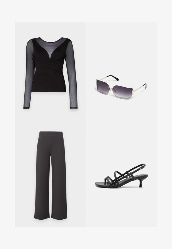 ONLY ONLBECKI BODYTOP - Top s dlouhým rukávem - black; Široké kalhoty z tmavě šedé tkaniny, s hladkou texturou, elastickým pasem a dvěma předními kapsami. Ploché provedení.; Černé sandály na podpatku s několika křížovými pásky. Hladký materiál, špičatá špička a úzký podpatek. Nastavitelný pásek kolem kotníku s přezkou.; Sluneční brýle s šedým gradientním sklem, zlatým kovovým rámem a černými plastovými akcenty. Unikátní čočky ve tvaru motýla s tenkými nožičkami.; Zlaté kruhové náušnice s hladkým, lesklým povrchem. Kruhový design s malým kolíčkem a průhledným záznamem pro bezpečné nošení.