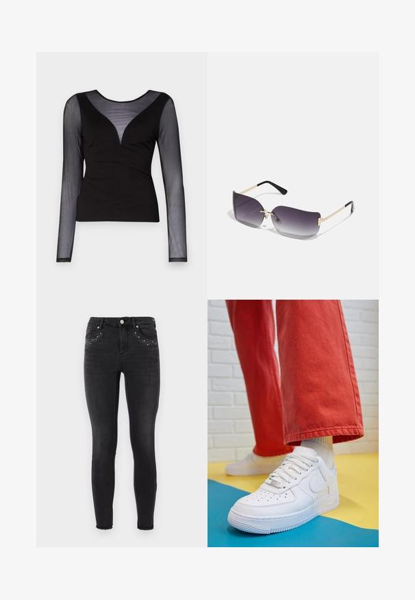 ONLY ONLBECKI BODYTOP - Top dugih rukava - black; Crne uske traperice s blagim sjajem. Imaju ukrase od metalnih zakovica na prednjim džepovima i strgane rubove na gležnjevima.; Bijele kožne tenisice s perforiranim prednjim dijelom, teksturiranim đonom i bijelim vezicama, u kombinaciji s širokim crvenim hlačama i plavo-žutom pozadinom.; Naočale sivi gradijent leća, zlatni metalni okvir i crni plastični naglasci. Jedinstvene leće u obliku leptira s tankim drškama.