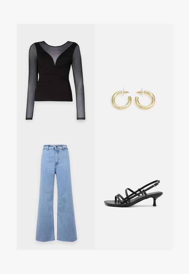 ONLY ONLBECKI BODYTOP - Top s dlouhým rukávem - black; Světle modré kalhoty s širokými nohavicemi a vysokým pasem, s roztrhnutým lemem a předním zapínáním na knoflík. Vyrobené z denimu, mají hladkou strukturu a čisté linie.; Černé sandály na podpatku s několika křížovými pásky. Hladký materiál, špičatá špička a úzký podpatek. Nastavitelný pásek kolem kotníku s přezkou.; Zlaté kruhové náušnice s hladkým, lesklým povrchem. Kruhový design s malým kolíčkem a průhledným záznamem pro bezpečné nošení.