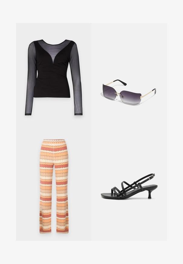 ONLY ONLBECKI BODYTOP - T-shirt à manches longues - black; Pantalons évasés avec un motif texturé en zigzag dans des couleurs orange, beige et crème. Taille élastique pour plus de confort et un bon ajustement.; Sandales à talons noirs avec plusieurs brides entrecroisées. Matériau lisse, bout pointu et talon étroit. Bride de cheville ajustable avec boucle.; Lunettes de soleil avec une lentille dégradée grise, une monture en métal doré et des accents en plastique noir. Lentilles uniques en forme de papillon avec des branches fines.; Boucles d'oreilles en or avec une finition lisse et brillante. Design circulaire présentant un petit clou et une attache transparente pour un port sécurisé.