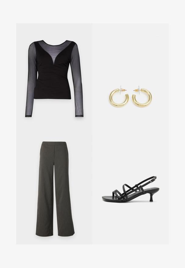 ONLY ONLBECKI BODYTOP - Tops ar garām piedurknēm - black; Platas kājas bikses tumši pelēkā krāsā ar vertikālām svītrām, ar gludu tekstūru un elastīgu jostu ērtībai.; Melni papēžu sandales ar vairākiem krustveida siksnām. Gluda materiāla, norādīta purngala un šaura papēža. Regulējama potītes siksna ar sprādzīti.; Zelta auskari ar gludu, spīdīgu apdari. Apaļš dizains, kas ietver mazu tapu un caurspīdīgu pamatni drošai valkāšanai.
