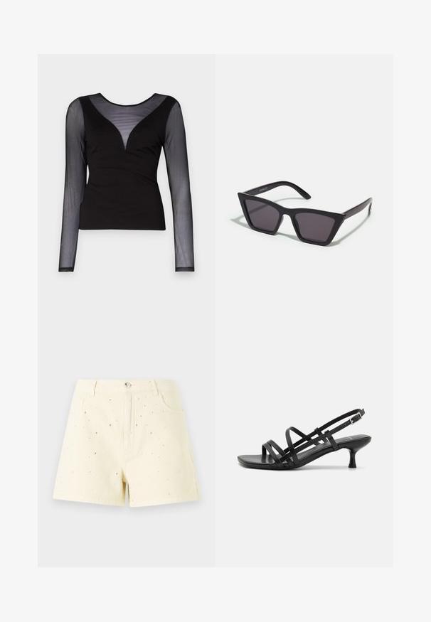 ONLY ONLBECKI BODYTOP - Pitkähihainen paita - black; Keltaiset farkkushortsit, joissa on korkea vyötärö ja rento istuvuus, esittävät pieniä hopeanvärisiä niittejä hajautettuna edessä yksityiskohtana.; Musta korkeakorkoiset sandaalit, joissa on useita ristikko-nauhoja. Sileä materiaali, teräväkärkinen malli ja kapea korko. Säädettävä nilkkahihna soljella.; Mustat, kulmikkaat aurinkolasit harmailla linsseillä; valmistettu muovista, paksuilla varsilla, joissa on sileä pinta ja ilman näkyvää metalliosaa.; Hope hopea, joissa on kierren muotoilu, kiiltävä pinta ja takana kiinnitettävä suljin. Halkaisija noin 3 cm.