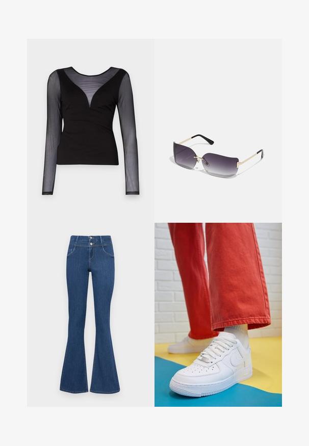 ONLY ONLBECKI BODYTOP - Maglietta a manica lunga - black; ONLY ONLRAIN FLARED - Jeans a zampa - medium blue denim; Sneaker bianco in pelle con punta perforata, suola testurizzata e lacci bianchi, abbinati a pantaloni rossi larghi e uno sfondo blu e giallo.; Occhiali da sole con lenti a gradiente grigio, montatura in metallo dorato e dettagli in plastica nera. Lenti a forma di farfalla uniche con stanghette sottili.; Orecchini a cerchio in oro con una finitura liscia e lucida. Design circolare con un piccolo perno e una chiusura trasparente per un indosso sicuro.