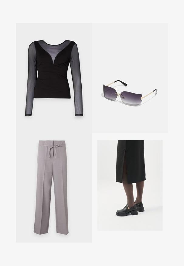 ONLY ONLBECKI BODYTOP - Long sleeved top - black; Light grey, wide-leg trousers with a soft texture, featuring a drawstring waistband and pressed pleats for a structured fit.; Black leather shoes with a rounded toe, thick block heel, and elastic side accents, paired with dark tights and a black skirt with a slit.; Sunglasses with a gray gradient lens, gold metal frame, and black plastic accents. Unique butterfly-shaped lenses with thin arms.