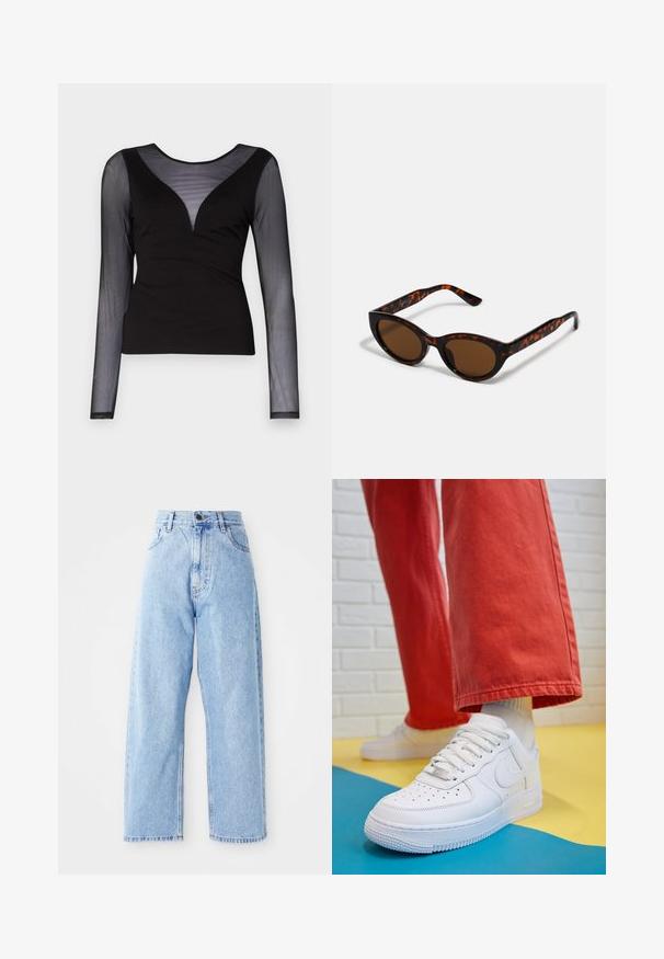 ONLY ONLBECKI BODYTOP - Tops ar garām piedurknēm - black; Augstās jostas vietas gaiši zilas džinsu bikses ar taisnām platām kājām, ar pogu priekšā, rāvējslēdzēja aizdari un priekšējām un aizmugurējām kabatām.; Baltās ādas kedas ar perforētu purngalu, teksturētu zoli un baltām auklām, apvienotas ar platām sarkanām biksēm un zilu un dzeltenu fona.; Brūnas pūķu kaula saulesbrilles ar vintage kaķa acs formu un brūniem stikliem. Ievērojamas ar izliektiem ieročiem ar sarkaniem akcentiem.; Zelta auskari ar gludu, spīdīgu apdari. Apaļš dizains, kas ietver mazu tapu un caurspīdīgu pamatni drošai valkāšanai.