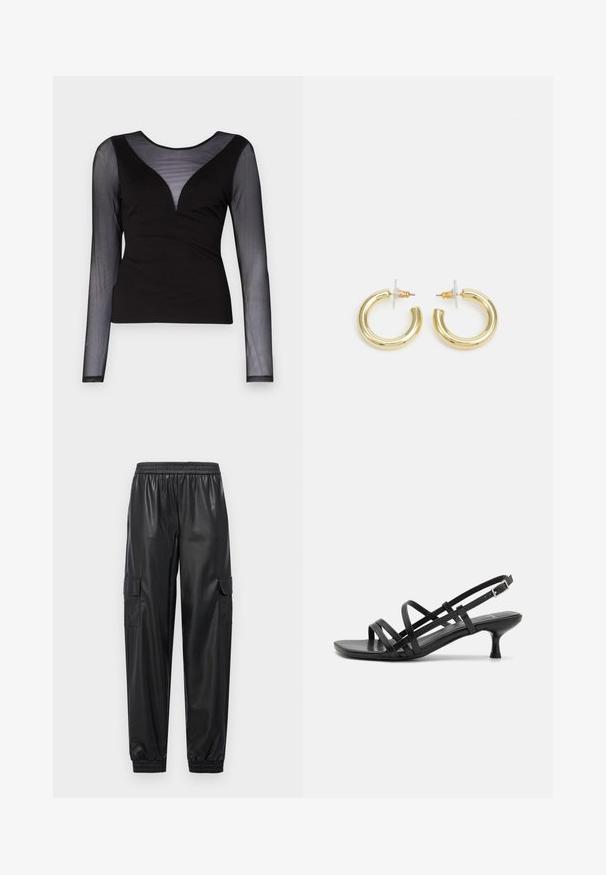 ONLY ONLBECKI BODYTOP - Top s dlouhým rukávem - black; Černé kalhoty z umělé kůže s elastickým pasem, elastickými manžetami a dvěma bočními kapsami. Hladký povrch a volný střih.; Černé sandály na podpatku s několika křížovými pásky. Hladký materiál, špičatá špička a úzký podpatek. Nastavitelný pásek kolem kotníku s přezkou.; Zlaté kruhové náušnice s hladkým, lesklým povrchem. Kruhový design s malým kolíčkem a průhledným záznamem pro bezpečné nošení.