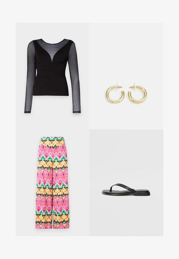 ONLY ONLBECKI BODYTOP - Langarmshirt - black; Bunt gemusterte weite Hosen mit einem geometrischen Muster in Pink, Grün, Orange und Schwarz. Hergestellt aus leichtem Stoff mit einer glatten Oberfläche.; Schwarze Flip-Flops aus glattem Leder, mit einem dünnen Riemendesign und einer flachen Sohle mit minimalem Profil. Keine bemerkenswerten Muster oder Akzente.; Goldene Creolen mit einer glatten, glänzenden Oberfläche. Zirkuläres Design mit einem kleinen Stecker und einer klaren Rückseite für einen sicheren Sitz.