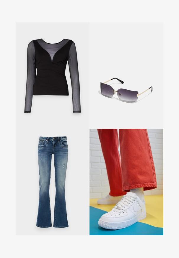 ONLY ONLBECKI BODYTOP - Tops ar garām piedurknēm - black; Denim flared džinsi vidējā zilā krāsā ar izbalējušām vietām un nolietojuma detaļām. Iekļauj piecas kabatas un rāvējslēdzēja lidmašīnas aizdari ar pogu.; Baltās ādas kedas ar perforētu purngalu, teksturētu zoli un baltām auklām, apvienotas ar platām sarkanām biksēm un zilu un dzeltenu fona.; Saulesbrilles ar pelēko gradienta lēcu, zelta metāla rāmi un melnām plastmasas detaļām. Unikāli tauriņa formas lēcas ar plānām kājām.; Zelta auskari ar gludu, spīdīgu apdari. Apaļš dizains, kas ietver mazu tapu un caurspīdīgu pamatni drošai valkāšanai.