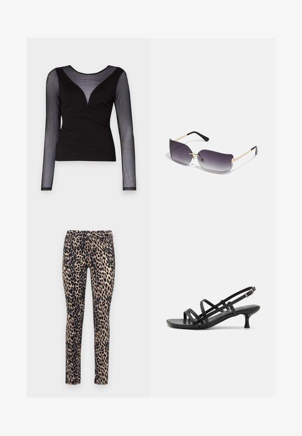 ONLY ONLBECKI BODYTOP - Tops ar garām piedurknēm - black; Leparda raksta sašaurinātās bikses ar bēšu pamatni, melnām plankumiem, piecu kabatu dizainu un priekšējo pogu aizdari. Izgatavotas no mīksta auduma.; Melni papēžu sandales ar vairākiem krustveida siksnām. Gluda materiāla, norādīta purngala un šaura papēža. Regulējama potītes siksna ar sprādzīti.; Saulesbrilles ar pelēko gradienta lēcu, zelta metāla rāmi un melnām plastmasas detaļām. Unikāli tauriņa formas lēcas ar plānām kājām.; Zelta auskari ar gludu, spīdīgu apdari. Apaļš dizains, kas ietver mazu tapu un caurspīdīgu pamatni drošai valkāšanai.