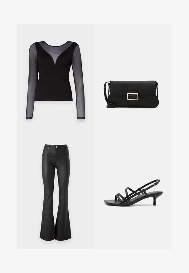 ONLY ONLBECKI BODYTOP - Tops ar garām piedurknēm - black; Melni izplestie bikses, izgatavotas no spīdīga, gluda materiāla; satur priekšējās kabatas, pieguļošu vidukli un dekoratīvo šuvju apdari gar šuvēm.; Melni papēžu sandales ar vairākiem krustveida siksnām. Gluda materiāla, norādīta purngala un šaura papēža. Regulējama potītes siksna ar sprādzīti.; Melnas ādas saķeres soma ar atloku un zelta metāla sprādzi. Ietver melnu siksnu un elegantu, minimālistisku dizainu.; Sudraba gredzenveida auskari ar savītu dizainu, kas ir ar pulētu apdari un ar aizmugurēju fiksāciju. Izmērs ir aptuveni 3 cm diametrā.