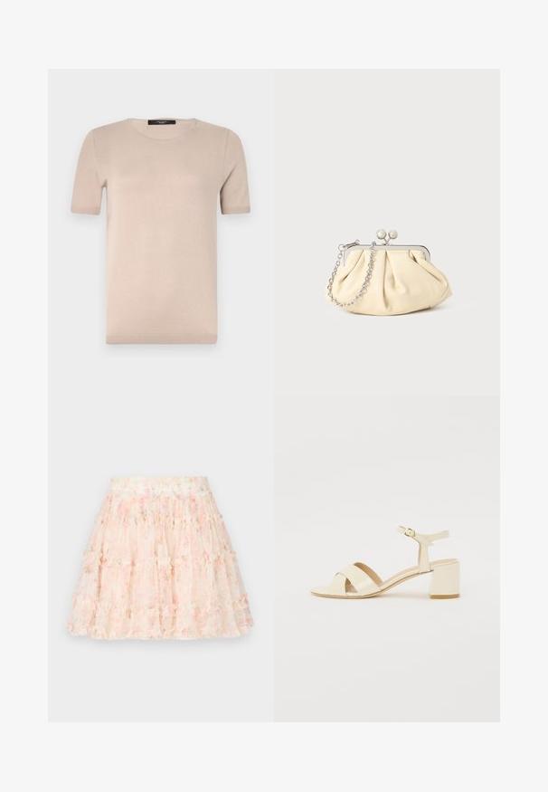 Beige short-sleeve knit top with a round neckline, featuring a smooth texture and ribbed hem. Simple, classic design ideal for layering.; Needle & Thread DITSY SMOCKED MICRO MINI SKIRT - Mini skirt - moonshine pink; Beige patent leather heeled sandals with cross strap design, open toe, adjustable ankle strap, and a block heel. Smooth texture.; Pleated beige leather clutch with a silver metal frame, featuring two round decorative clasps and a silver chain strap.