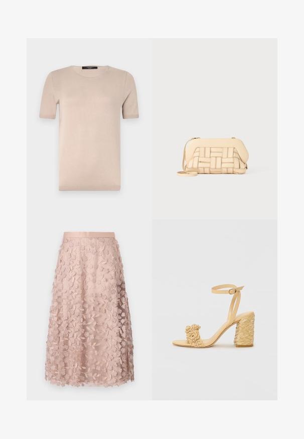 Haut tricot à manches courtes beige avec un col rond, présentant une texture lisse et un ourlet côtelé. Design simple et classique idéal pour le superposition.; Jupe midi en dentelle rose doux avec broderies florales, dotée d'une taille ajustée et d'un design superposé, soulignant une texture délicate.; Sandale à talons hauts beige avec une texture tressée, ornée d'une fleur décorative et d'une bride à la cheville. Le talon carré ajoute de la stabilité.; Sac à main tissé beige avec un design structuré, présentant un dessus lisse et une longue bandoulière. Des détails texturés rehaussent l'apparence générale.