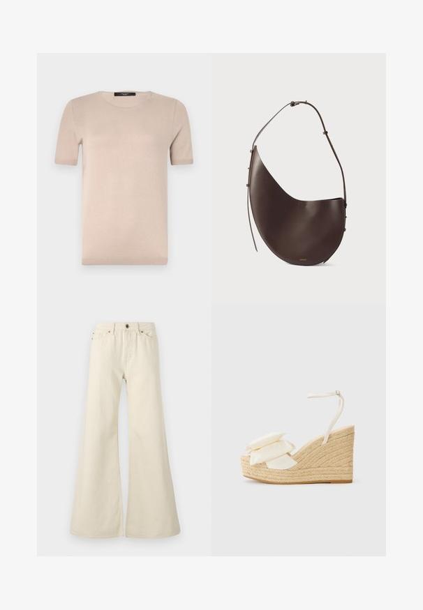 Beige pletený top s krátkým rukávem a kulatým výstřihem, s hladkou strukturou a žebrovaným lemem. Jednoduchý, klasický design ideální pro vrstvení.; Svetle béžové rozšířené džíny vyrobené z bavlny. Mají vysoký pas, pět kapes a uzavírání na knoflík s kontrastním šitím.; Sandal s klínem s přírodní jute platformou, béžovým textilním svrškem a dvěma vrstvami květinových detailů; obsahuje tenký nártový pásek se sponou.; Hnědá kožená kabelka s zakřiveným tvarem, jedním popruhem a minimalistickým designem. Obsahuje nenápadné logo a zlaté kovové prvky.