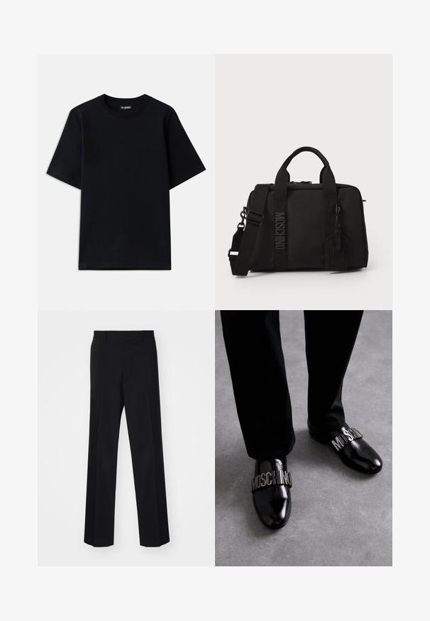 Černé bavlněné tričko s kulatým výstřihem a krátkými rukávy. Obsahuje jemnou výšivku loga na levé hrudi. Hladká, jemná textura.; Černé kalhoty na míru s širokým střihem, s hladkou texturou a ostrými záhyby, vyrobené z tkané látky.; MOSCHINO SCARPA UOMO - Polobotky - nero; Černá textilní taška s dvojitými uchy a odnímatelným popruhem na rameno. Disponuje embosovaným logem a koženou visačkou. Hladká textura, obdélníkový tvar.