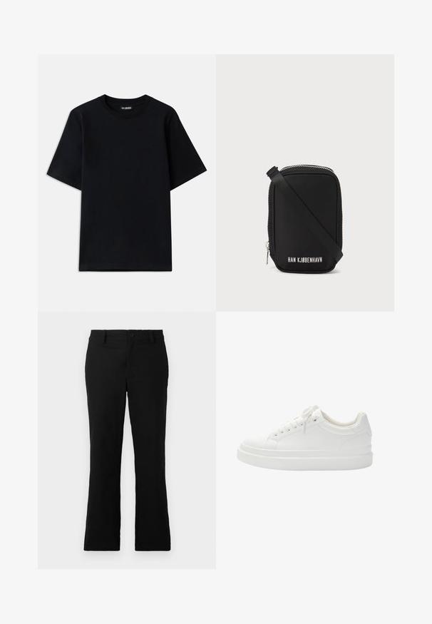 T-shirt en coton noir avec un col rond et des manches courtes. Présente une broderie de logo discrète sur la poitrine gauche. Texture lisse et plate.; Pantalons évasés noirs en tissu mélangé coton, dotés d'une fermeture à bouton, de passants de ceinture et d'une texture lisse sans motifs visibles.; Baskets en cuir blanc avec une texture lisse, bout rond, côtés renforcés et semelle plateforme. Présente des lacets plats et des coutures minimales.; Sac noir de forme rectangulaire, en matériau lisse. Dispose d'une fermeture éclair sur le dessus, d'une bandoulière ajustable, et d'un texte blanc : "HAN KJØBENHAVN."