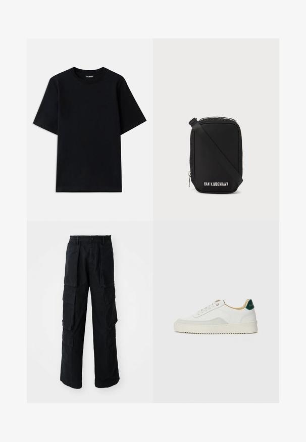 Camiseta de algodón negra con cuello redondo y mangas cortas. Presenta un sutil bordado del logo en el lado izquierdo del pecho. Textura plana y suave.; Pantalones cargo amplios y negros con cintura elástica, cierre de botón, grandes bolsillos frontales y laterales, mostrados sobre un fondo blanco.; Zapatilla blanca con acentos de ante, puntera redondeada, cordones planos y suela de goma color crema. Presenta un logo verde en el talón.; Bolso negro de forma rectangular, hecho de material suave. Cuenta con una cremallera superior, una correa ajustable y texto blanco: "HAN KJØBENHAVN."
