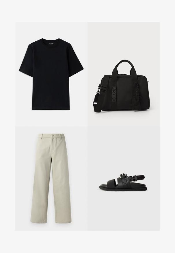 Camiseta de algodão preta com decote redondo e mangas curtas. Apresenta um discreto bordado do logótipo no lado esquerdo do peito. Textura lisa e suave.; Han Kjøbenhavn WIDE LEG - Calças - light grey; Sandal de couro preto com duas tiras largas e uma tira ajustável no tornozelo com fivela. Sola plana com uma borda texturizada.; Saco têxtil preto com alças duplas e alça de ombro destacável. Apresenta logotipo em relevo e etiqueta de couro. Textura suave, formato retangular.