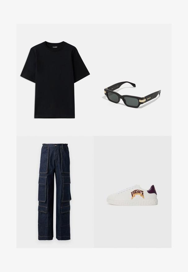 Schwarzes Baumwoll-T-Shirt mit Rundhalsausschnitt und kurzen Ärmeln. Verfügt über eine dezente Logo-Stickerei auf der linken Brust. Flaue, glatte Textur.; Marineblaue Cargohosen aus Denim mit mehreren großen Taschen, elastischem Bund und kontrastierenden orangen Nähten. Weit geschnitten für eine entspannte Passform.; Versace weiße Sneaker mit einem lila Rückenteil, ausgestattet mit einem goldenen Logo und einem dekorativen griechischen Schlüssel-Muster auf der Sohle. Glattes Material, runde Zehenpartie.; Schwarze rechteckige Sonnenbrille mit getönten Gläsern, goldenen Hardware-Akzenten an den Bügeln und Logo-Details an der Seite. Glatte Rahmenstruktur.