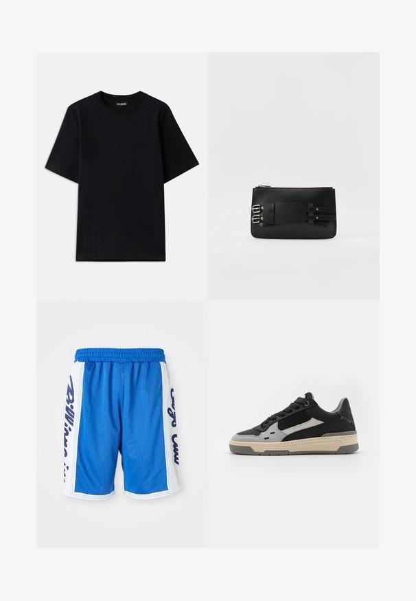 Černé bavlněné tričko s kulatým výstřihem a krátkými rukávy. Obsahuje jemnou výšivku loga na levé hrudi. Hladká, jemná textura.; Modré síťované atleticé šortky s elastickým pasem, se šedými bočními panely a černým nápisem na obou stranách.; Tenisky s černými a šedými panely, texturovanou síťovinou, hladkou kůží a krémovou gumovou podrážkou s minimalistickým designem.; Černá kožená psaníčko s hladkým povrchem, s kovovými detaily a přezkou na zadní straně. Zipové zavírání nahoře.