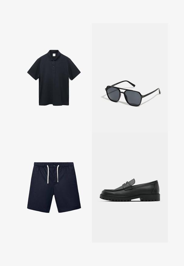 Námorně modrá bavlněná polo tričko s límečkem, dvouknoflíkovou légou, krátkými rukávy a rovnými okraji. Bez viditelných vzorů či log.; Námořnické modré šortky vyrobené z lehkého materiálu, s elastickým pasem a stahovací šňůrkou a jedním předním knoflíkem.; Černé kožené mokasíny s kulatou špičkou, zdobené prošitím, s nízkou platformou a texturovanou gumovou podrážkou s drážkováním.; Černé sluneční brýle s osmiúhelníkovým rámem, tmavými čočkami, lesklým povrchem, tenkými nožičkami a zlatými akcenty na přední části.