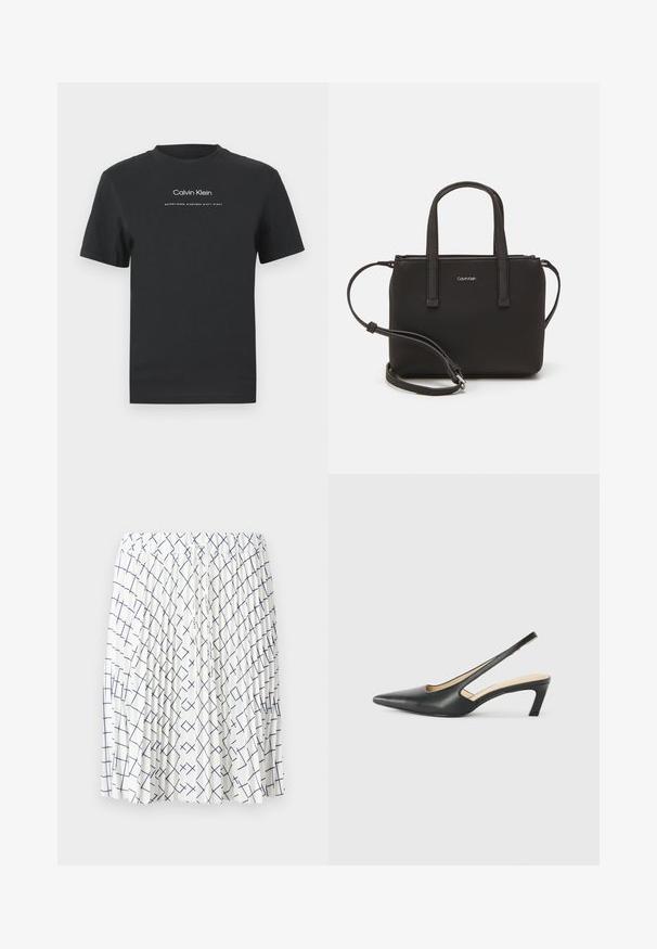Black cotton T-shirt with a crew neckline, short sleeves, and white printed "Calvin Klein" logo and "Established 1968" text.; White skirt with a pleated design, featuring a navy blue geometric pattern of intersecting lines. Elastic waistband with drawstring detail.; Black pointy-toed slingback shoe with a low heel, featuring smooth leather material and cut-out design on the side for breathability.; Black handbag with dual short handles and a removable shoulder strap. Smooth leather-like material with a zip closure and logo detail.