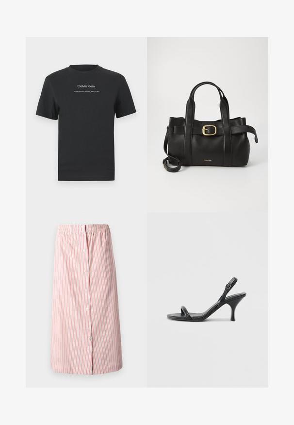 Black cotton T-shirt with a crew neckline, short sleeves, and white printed "Calvin Klein" logo and "Established 1968" text.; Striped skirt in white with red vertical stripes, featuring an elastic waistband, front buttons, and a straight cut, knee-length design.; Black leather high-heeled sandals with a slim, curved heel and a crossed strap design. Adjustable ankle strap. Smooth texture.; Black leather handbag featuring a structured design, dual top handles, gold-tone buckle accent, and embossed brand logo at the front.