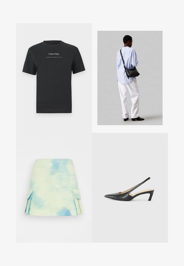 Melna kokvilnas T-kreklā ar apaļu apkakli, īsām piedurknēm un baltu uzdrukātu "Calvin Klein" logotipu un tekstu "Izveidots 1968".; Īss A formas svārki ar pasteļtoņu akvareļa rakstu, kas ietver zilo un zaļo toņu. Ar sānu kabatām un gludu auduma tekstūru.; Melna, ar smailu purngalu, slingback kurpe ar zemu papēdi, izgatavota no gludas ādas materiāla un ar izgriezumiem sānos gaisa caurlaidībai.; Melna ādas plecu soma ar mīkstu tekstūru, trīsstūra formu un regulējamu siksnu, apvienota ar gaiši zilu svītrotu krekli un baltām biksēm.