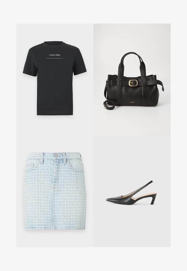 Fekete pamut póló kerek nyakkivágással, rövid ujjakkal, fehér nyomott "Calvin Klein" logóval és "Established 1968" felirattal.; Világoskék farmer szoknya, amelyen fehér logó minta található. Klasszikus öt zsebes kialakítás, elöl gombos záródással.; Fekete, hegyes orrú, slingback cipő alacsony sarkával, sima bőrből készült, oldalt kivágott deisgnal a légáteresztőképesség érdekében.; Fekete bőr kézitáska, amely strukturált kialakítással rendelkezik, dupla felső fogantyúval, arany tónusú csattal és a márka dombornyomott logójával az elején.