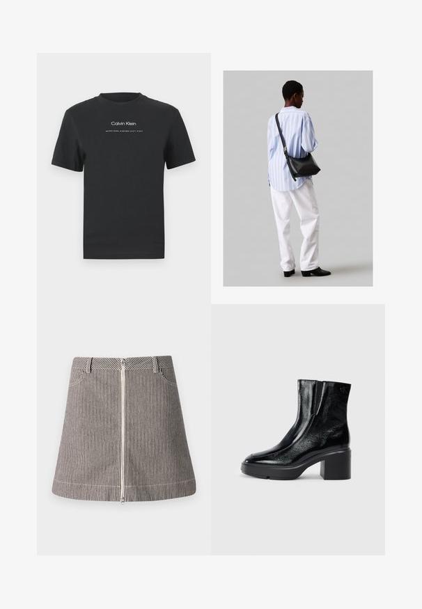 Čierne bavlnené tričko s okrúhlym výstrihom, kratkými rukávmi a bielou potlačou loga "Calvin Klein" a textu "Established 1968".; Pruhovaná denímová sukňa s predným zipsom, vreckami a rozšíreným strihom, v čiernej a bielej farbe s kontrastným šitím.; Čierne lakované členkové topánky s zakrivenou špičkou, elastickými bočnými panelmi a masívnym blokovým opätkom. S embosovaným logom na zadnej strane.; Čierna kožená ramenná taška so mäkkou textúrou, trojuholníkovým tvarom a nastaviteľným popruhom, skombinovaná s svetlomodrou pruhovanou košeľou a bielymi nohavicami.