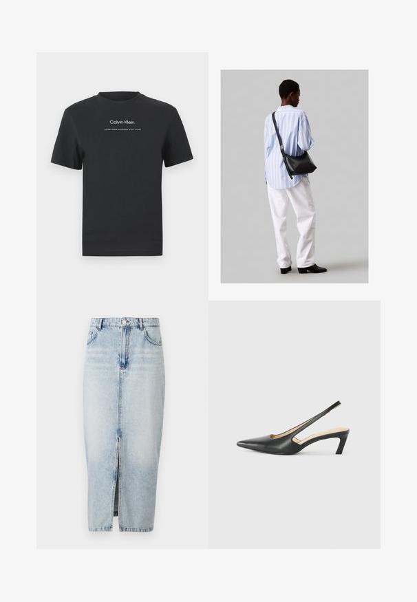 Fekete pamut póló kerek nyakkivágással, rövid ujjakkal, fehér nyomott "Calvin Klein" logóval és "Established 1968" felirattal.; Világoskék farmer szoknya elöl hasítékkal, magas derékkal, öt zsebbel és látható varrással. Klasszikus dizájn és sima textúra jellemzi.; Fekete, hegyes orrú, slingback cipő alacsony sarkával, sima bőrből készült, oldalt kivágott deisgnal a légáteresztőképesség érdekében.; Fekete bőr válltáska puha tapintással, háromszög alakú, állítható pánttal, világoskék csíkos inggel és fehér nadrággal párosítva.
