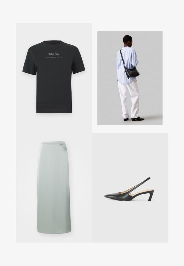 Fekete pamut póló kerek nyakkivágással, rövid ujjakkal, fehér nyomott "Calvin Klein" logóval és "Established 1968" felirattal.; Hosszú, világoszöld szoknya sima anyagból. Egyenes szabású, a derékon rejtett cipzárral. Minimalista dizájn, minta vagy díszítés nélkül.; Fekete, hegyes orrú, slingback cipő alacsony sarkával, sima bőrből készült, oldalt kivágott deisgnal a légáteresztőképesség érdekében.; Fekete bőr válltáska puha tapintással, háromszög alakú, állítható pánttal, világoskék csíkos inggel és fehér nadrággal párosítva.