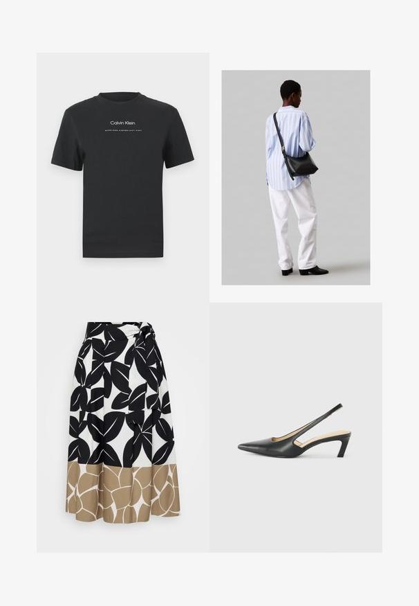 Fekete pamut póló kerek nyakkivágással, rövid ujjakkal, fehér nyomott "Calvin Klein" logóval és "Established 1968" felirattal.; Persona by Marina Rinaldi ZENITH - Maxi szoknya - verde kaki; Fekete, hegyes orrú, slingback cipő alacsony sarkával, sima bőrből készült, oldalt kivágott deisgnal a légáteresztőképesség érdekében.; Fekete bőr válltáska puha tapintással, háromszög alakú, állítható pánttal, világoskék csíkos inggel és fehér nadrággal párosítva.