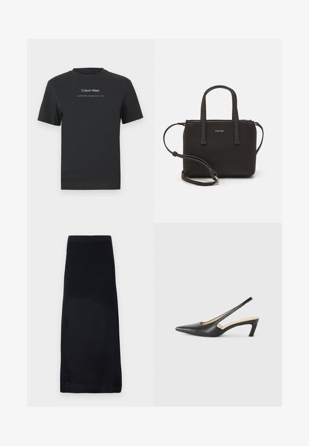 Čierne bavlnené tričko s okrúhlym výstrihom, kratkými rukávmi a bielou potlačou loga "Calvin Klein" a textu "Established 1968".; Čierna midi sukňa vyrobená z textúrovanej sieťoviny s priliehavým pásom a rovným strihom, s jednofarebným vzhľadom bez vzorov.; Čierne slingback topánky s ostrou špičkou a nízkym opätkom, vyrobené z hladkej kože a s výrezmi na boku pre lepšiu priedušnosť.; Čierna kabelka s dvojitými krátkymi rúčkami a odnímateľným ramenným popruhom. Hladký materiál podobný koži s uzatváraním na zips a detailom loga.