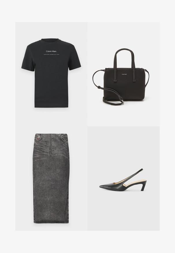 Črna bombažna majica s krožnim izrezom, kratkimi rokavi in belim potiskanjem logotipa "Calvin Klein" ter besedilom "Ustanovljen 1968".; Siva denim midi krila z vertikalnimi črtami, z visokim pasom, petimi žepi in čistim robom.; Črne čevlje s koničastimi nosovi in slingback obliko z nizko peto, izdelane iz gladke usnjene materiale ter s črtasto zasnovo na strani za prezračevanje.; Črna torbica z dvema kratkima ročajema in odstranljivim naramnim trakom. Gladek usnju podoben material z zadrgo in podrobnostmi z logotipom.