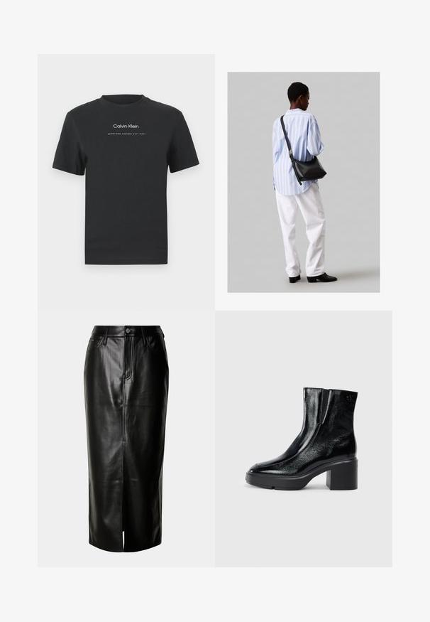 Fekete pamut póló kerek nyakkivágással, rövid ujjakkal, fehér nyomott "Calvin Klein" logóval és "Established 1968" felirattal.; Fekete bőr midi szoknya egyenes szabással, elöl hasítékkal és klasszikus öt zsebes dizájnnal, fémből készült részletekkel.; Fekete lakkbőr bokacsizma ívelt orral, elasztikus oldalpanelek és vastag blokk sarkal. A hátsó részen dombornyomott logó található.; Fekete bőr válltáska puha tapintással, háromszög alakú, állítható pánttal, világoskék csíkos inggel és fehér nadrággal párosítva.