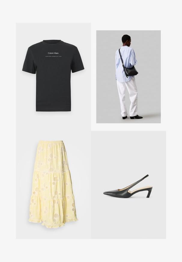 Melna kokvilnas T-kreklā ar apaļu apkakli, īsām piedurknēm un baltu uzdrukātu "Calvin Klein" logotipu un tekstu "Izveidots 1968".; Dzeltena, slāņota svārku, kas izgatavota no viegla auduma, ar ziedu rakstiem un apļveida izgriezumiem. Elastīgs jostasvieta un mežģīņu apdare apakšmalā.; Melna, ar smailu purngalu, slingback kurpe ar zemu papēdi, izgatavota no gludas ādas materiāla un ar izgriezumiem sānos gaisa caurlaidībai.; Melna ādas plecu soma ar mīkstu tekstūru, trīsstūra formu un regulējamu siksnu, apvienota ar gaiši zilu svītrotu krekli un baltām biksēm.