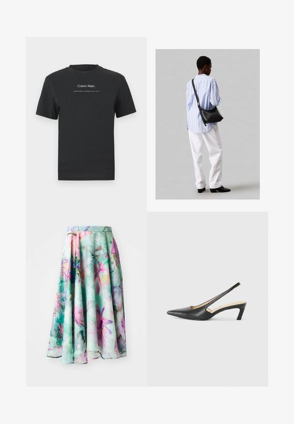 Svart bomull T-skjorte med rund hals, korte ermer, og hvit trykt "Calvin Klein" logo og tekst "Etablert 1968".; Marc Cain A-line skjørt - light green; Svart spiss tå slingback-sko med lav hæl, laget av jevnt skinnmateriale og med utskåret design på siden for pusteevne.; Svart lær skulderveske med en myk tekstur, trekantet form og justerbar stropp, kombinert med en lyseblå stripete skjorte og hvite bukser.